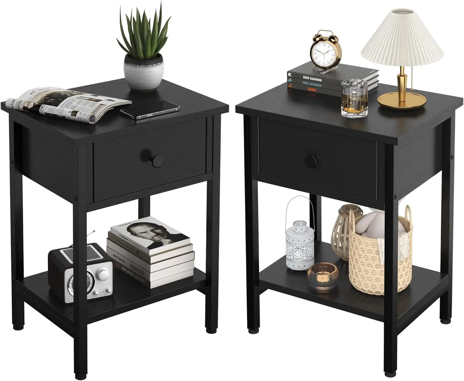 

Drawers, Bedside Table Set Of 2 With Storage Shelf, Heavy Duty End Side Table For Living Room Bedroom