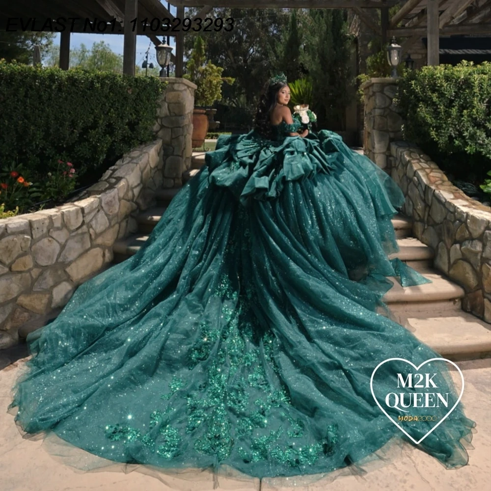 Evlast Customized Princess Dark Green Quinceanera Dress Ball Gown Lace
