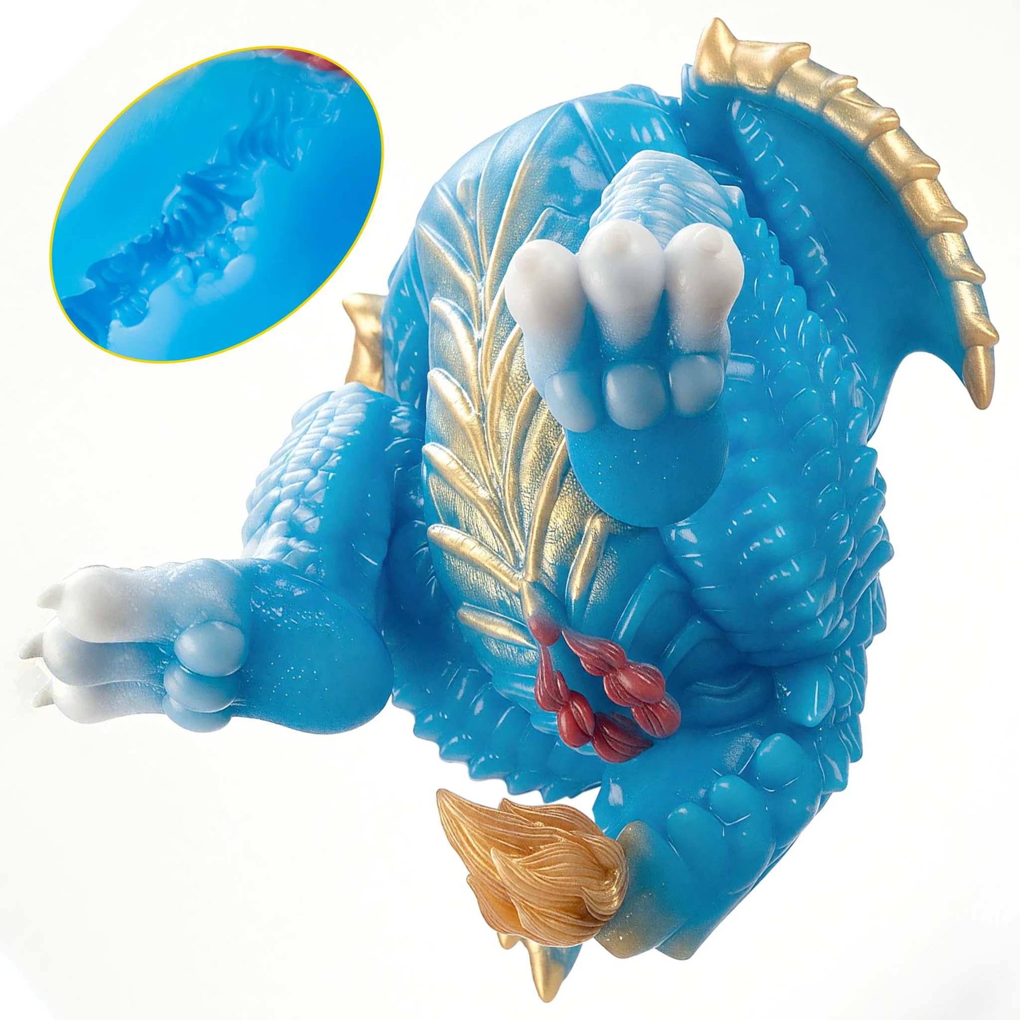 SHAZ Blue Gold Dragon Male Masturbator, Liquid Silicone Adult Sex Toy, Fantasy Beast Design, Textured Tunnel for Penis Training