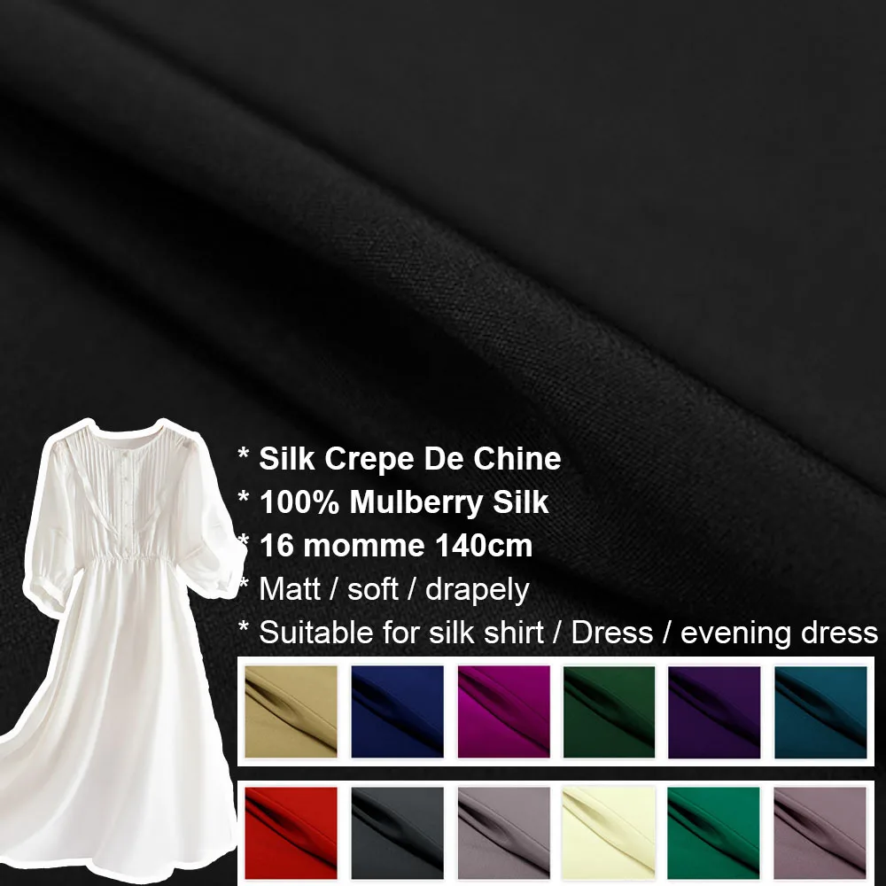 SILK CREPE DE CHINE 140cm width 16momme 100%Natural Silk Dress Fabric crepe de chine silk Wedding Fabric MOQ 1 meter Wholesale