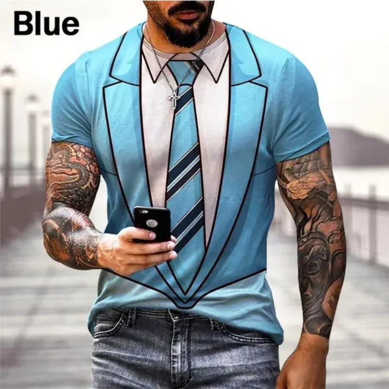 Fashion Funny Fake Suit 3D Printing T-Shirt Tuxedo Bow Tie T-Shirt Men\'s Street Short Sleeve T-Shirt