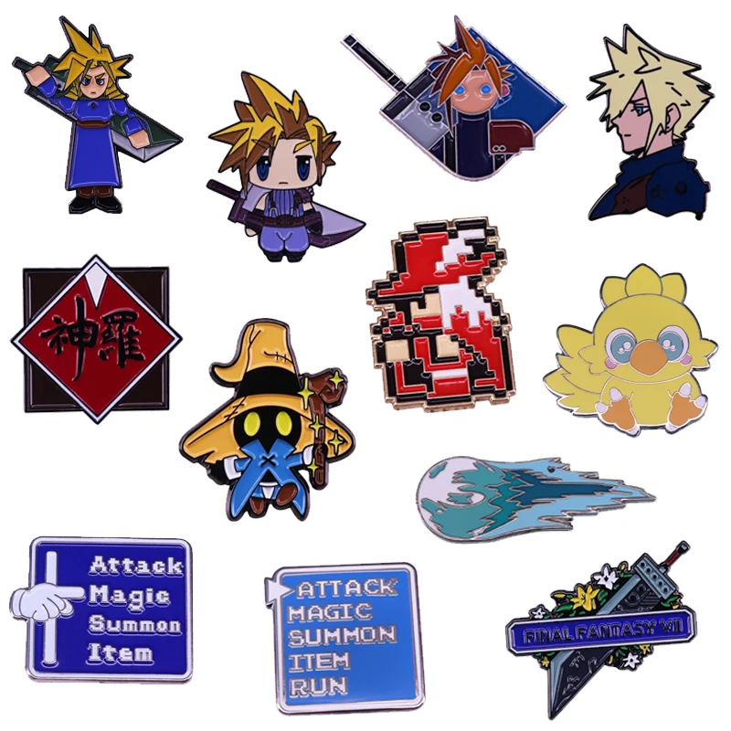 Final Fantasy Enamel Pin Video Game FF Shinra Attack Menu Brooch Cloud Strife Buster Sword Meteor Chocobo Red Mage Vivi Badge