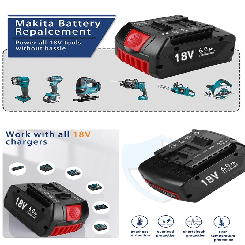 For 18V Battery Bosch 6.0Ah for Bosch Electric Drill 18V Rechargeable Li-ion Battery BAT609 BAT609G BAT618 BAT614 Charger