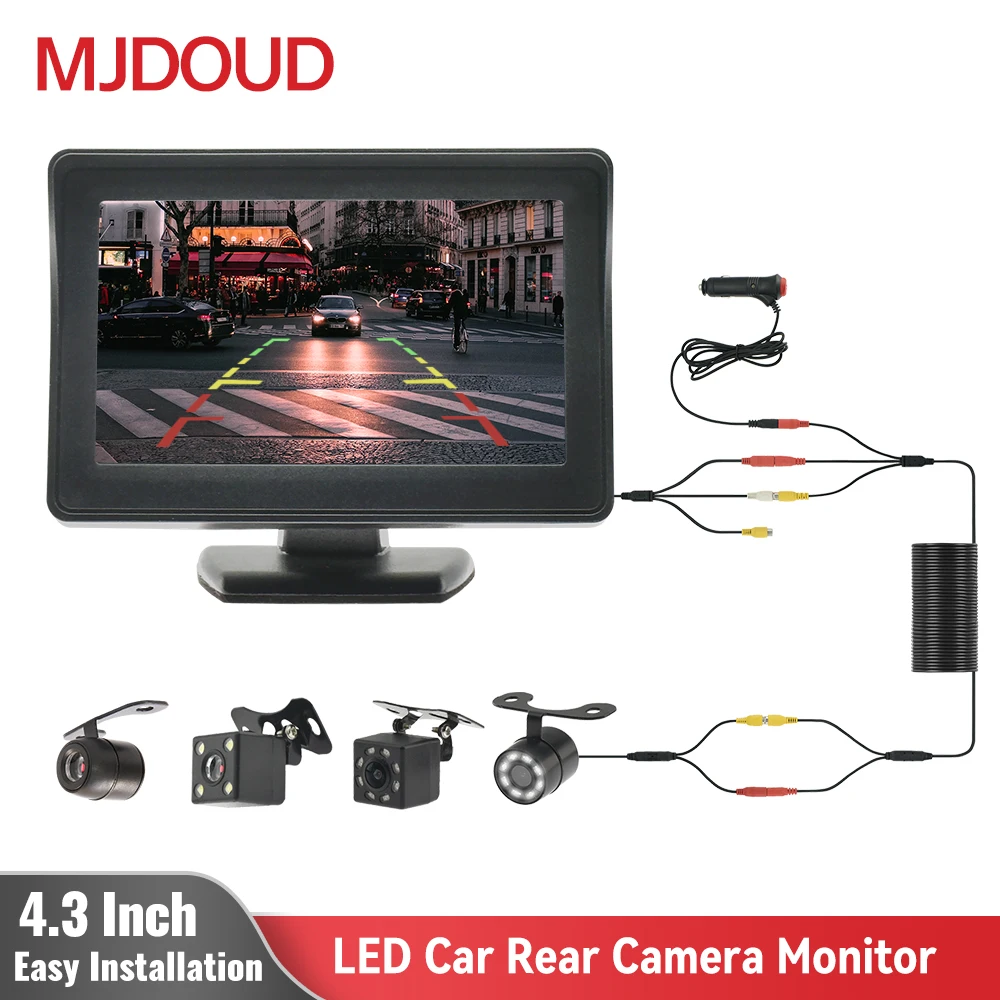 MJDOUD telecamera posteriore per auto da 4.3 pollici Monitor telecamera di retromarcia a LED con schermo Display LCD TFT per il parcheggio del veicolo installazione facile