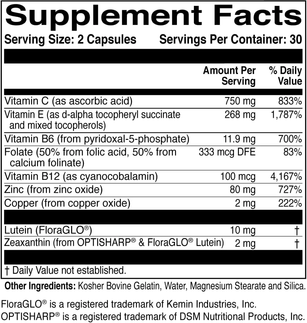 Vitamin and Mineral Supplements - Including Three B Vitamins To Increase Macular Health Support -60 Capsules