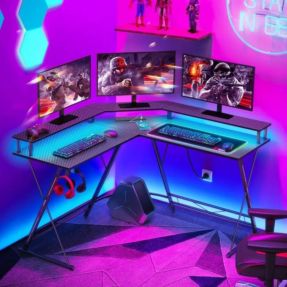 L Shaped Gaming Desk with LED Lights & Power Outlets,  Computer Desk with Monitor Stand & Carbon Fiber surface, Corner Desks