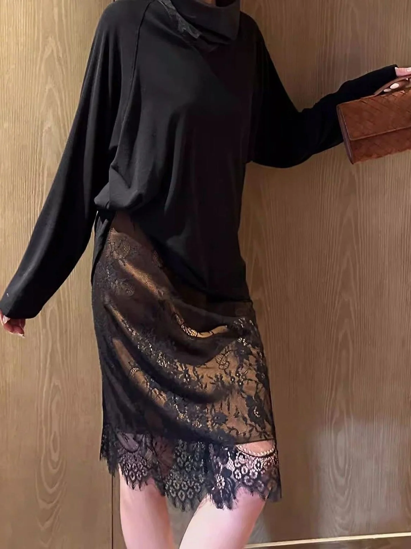Red Carpet High Waist Lace Half Skirt Women's Autumn Design Double Layer Side Hidden Zipper Slimming mid Length Skirt