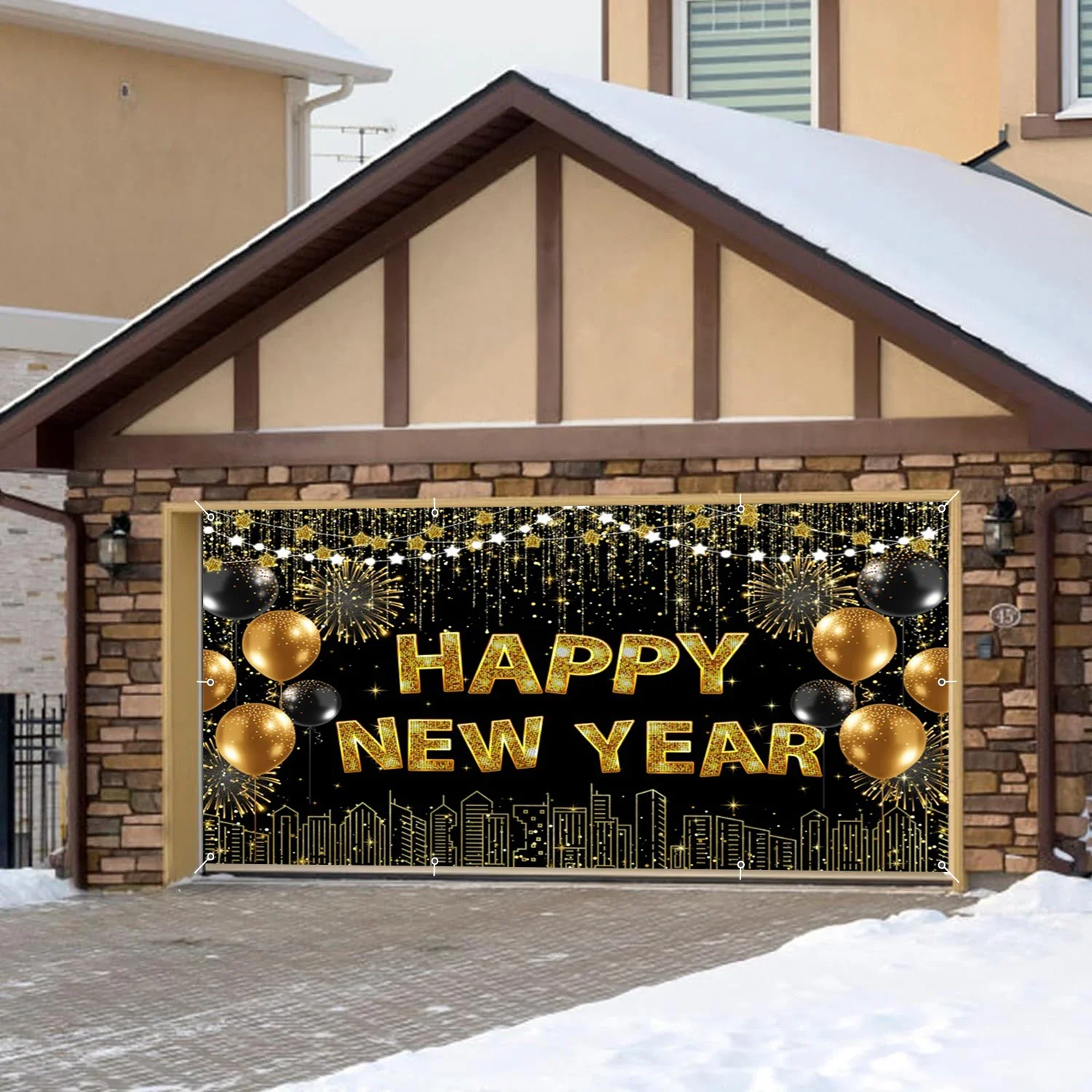 Happy New Year Theme New Year's Eve Party Carnival Garage Door Banner Decor Fireworks Golden Balloon Family Party Backdrop