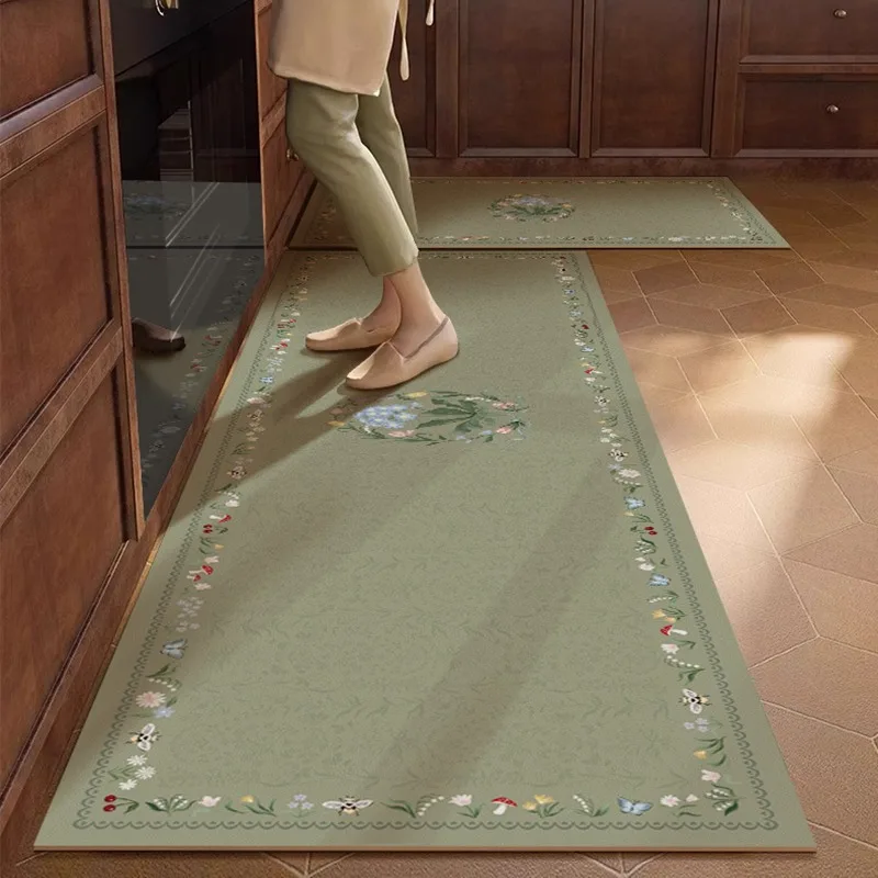 Kitchen Floor Mat Oil-proof Non-slip Waterproof Green Flowers Carpet Home Decoration PVC Leather Long Strip Rug Alfombra 주방카펫