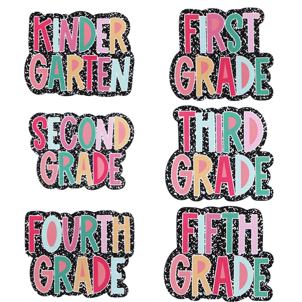 6PCS Text Acrylic Badge Flatback Planar Resins Primary School Grade Glitter For School Card Decoration Identity Recognition
