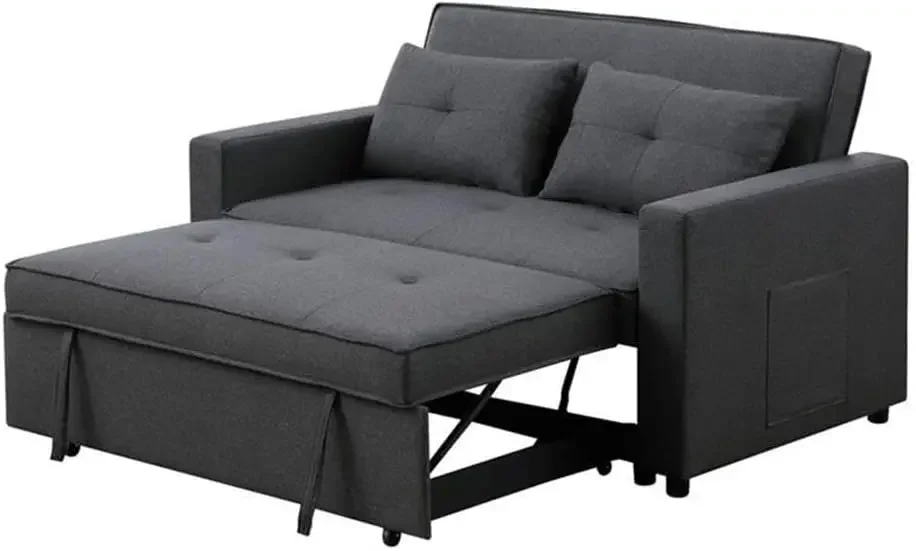 Dark Gray Linen Fabric 3-in-1 Convertible Sleeper Loveseat with Side Pocket