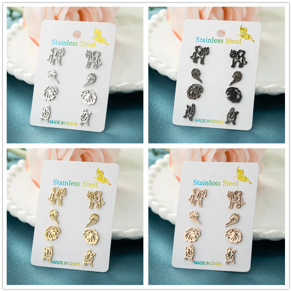 4 زوج/الوحدة الفولاذ المقاوم للصدأ كلب أقراط النساء الفتيات السيدات لطيف الحيوان يونيكورن الحصان وأقراط Kawaii الأقراط