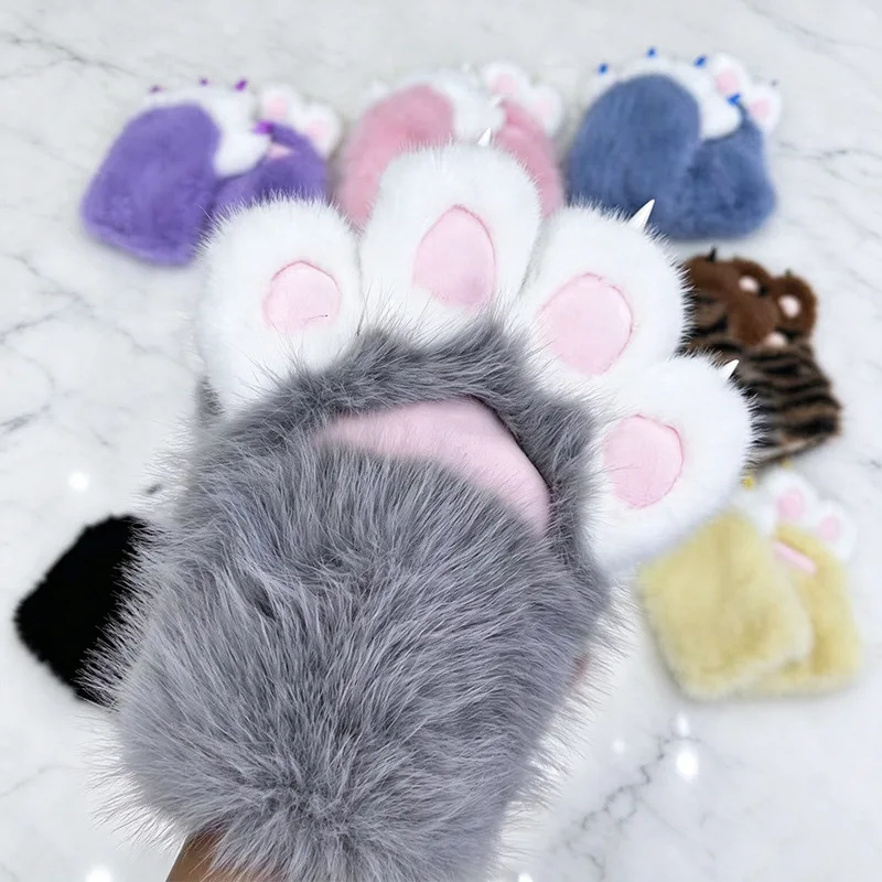Cat Paw Gloves Plush Faux Fur Animal Claws Mittens Winter Warm Gloves With Nails Cute Super Fun Cosplay Costume For Kids Adults