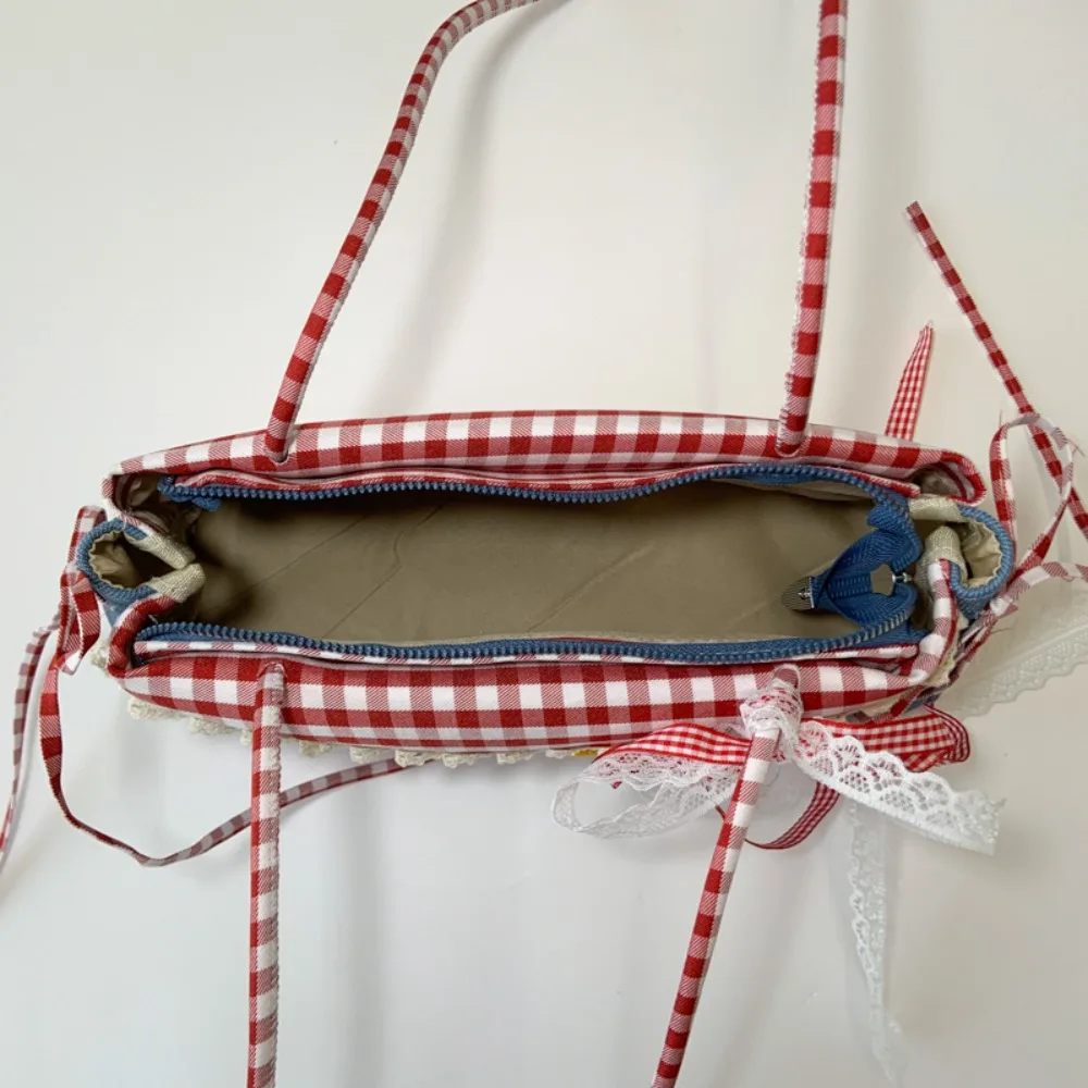 

Sweet French Stick Handbag Bow Contrast Color Plaid Shoulder Bag Large Capacity Korean Style Cloth Underarm Bags School