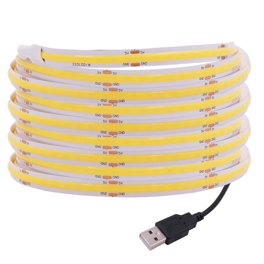 USB COB LED Strip DC5V 320LEDs/m High Density Flexible Dimmable Linear Lighting Tape TV Room Background Lamp 3000-6500K 1M-5M