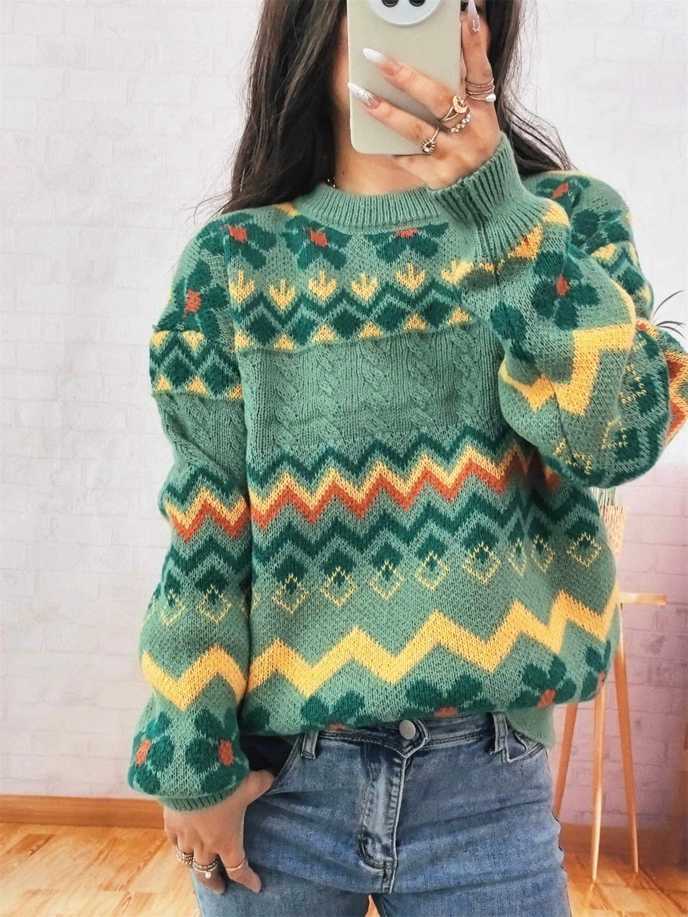 

Жаккардовая вязаная толстовка в стиле ретро с круглым вырезом, элегантный модный универсальный женский свитер высокого качества с длинными рукавами, пуловер, топ