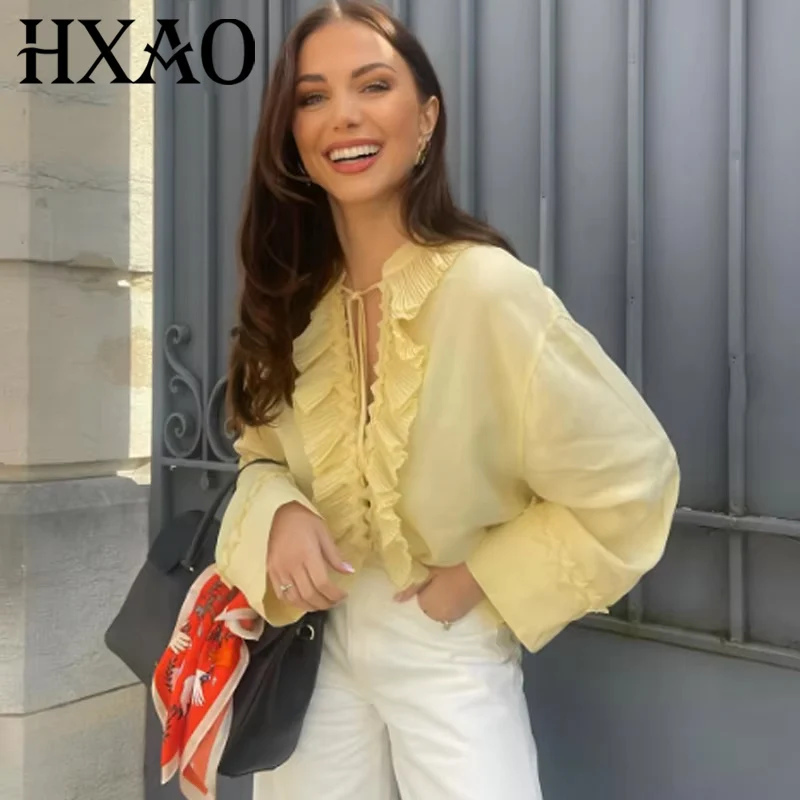 

HXAO Woman 2025 Blouse Long Sleeve Ruffle Blouse Women Spring Summer Large Tops Elegant Tie Blouse Stylish Women's Blouses