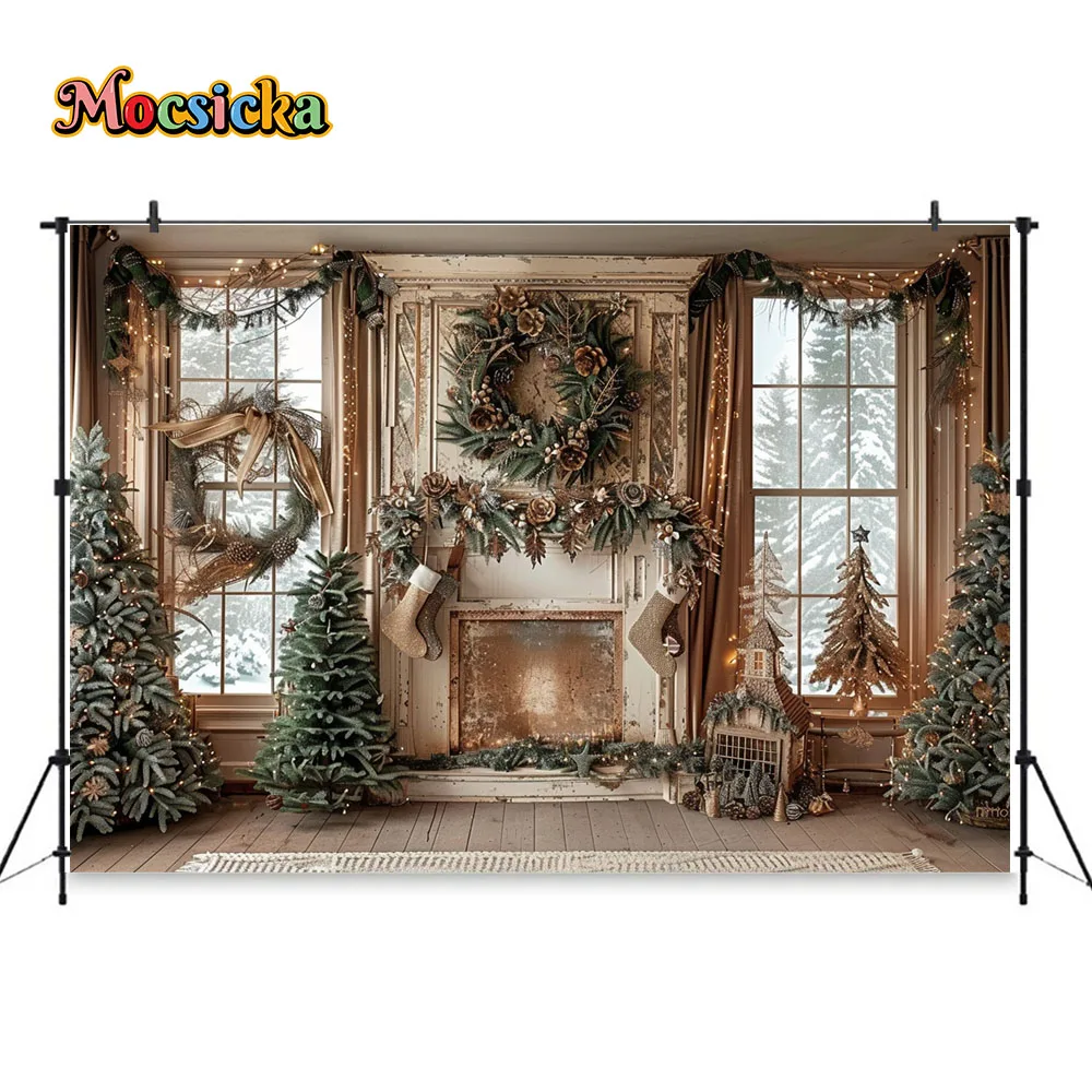 Christmas Fireplace Family Photo Background Photography Xmas Tree Wreath Decor Window Backdrop Indoor Room Baby Show Photozone