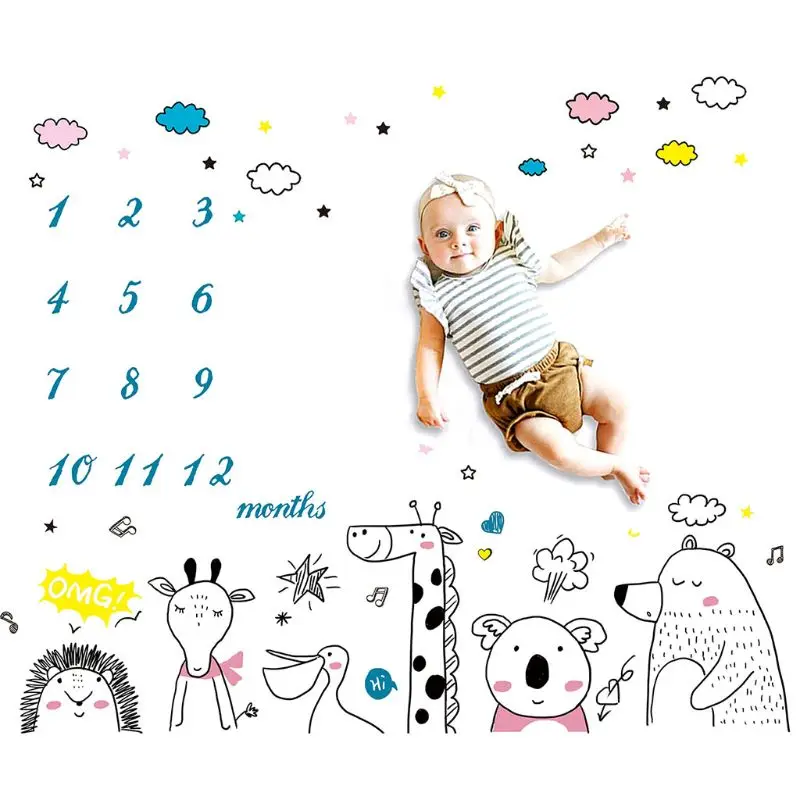 Baby Monthly Record Growth Milestone Blanket Newborn Cute Animal Pattern Photography Props Photo for Creative Background