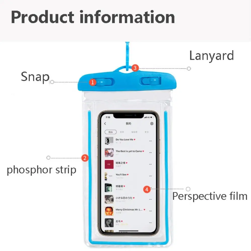 Luminous Waterproof Phone Case Transparent Touch Screen Underwater Phone Bag Sealable with Hanging Rope Swim Pouch