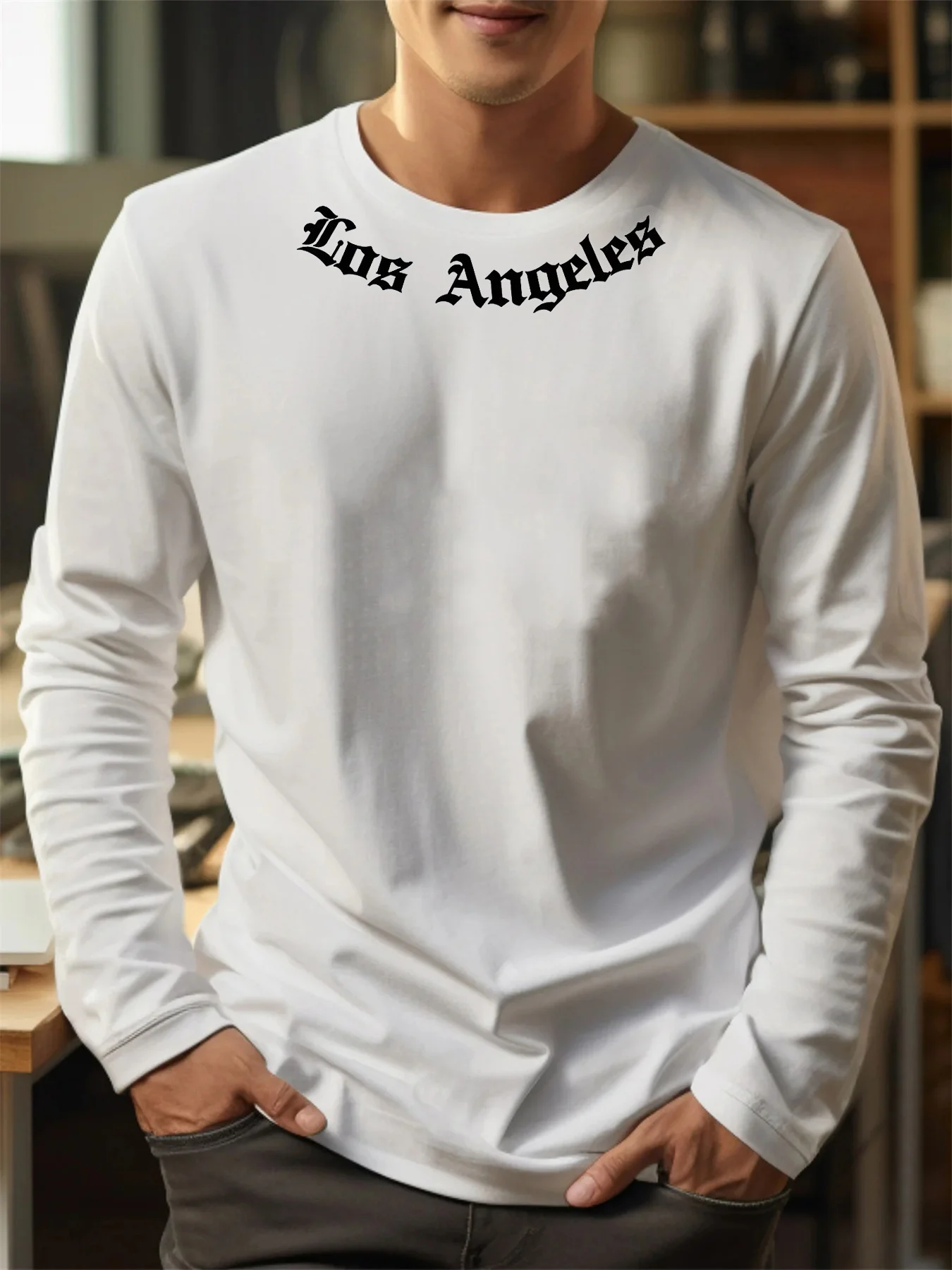 2026 men's long sleeved round neck casual Los Angeles letter printed spring and autumn versatile T-shirt top