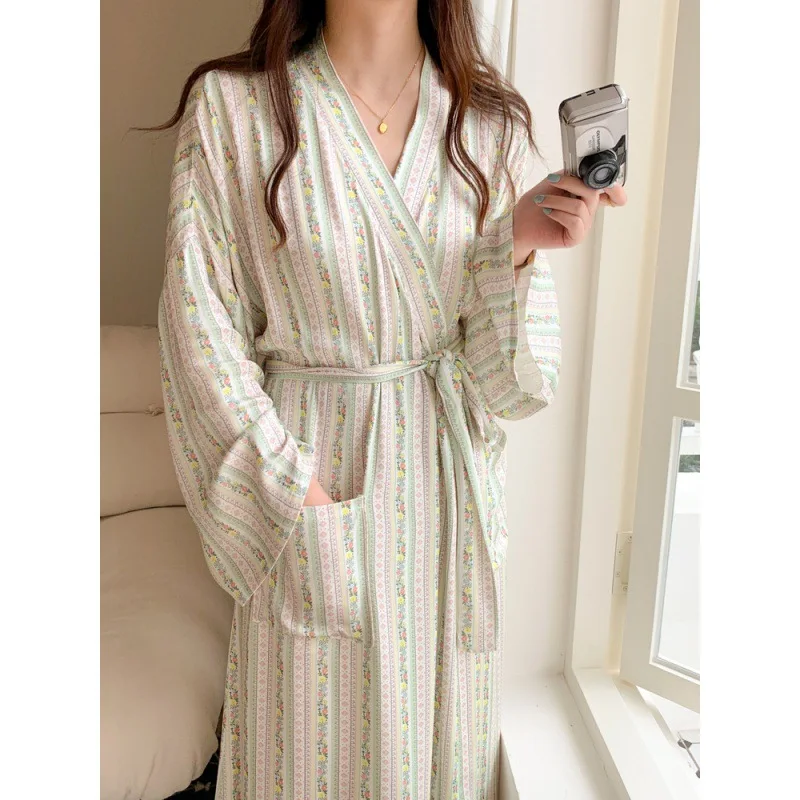 Korean Ins Kimono Robe Pajamas Female Spring Summer New Cotton Nightgown Ladies Spa Yukata Homewear Long Bathrobe Women