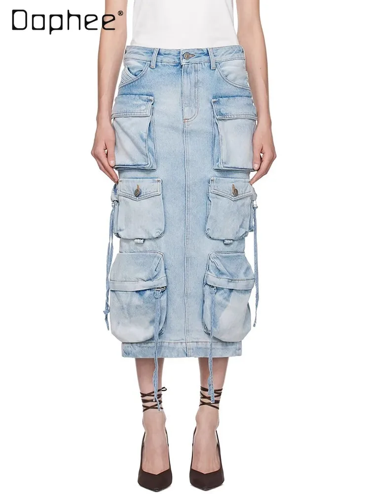 

Tooling Style Large Pocket Skirt Women 2024 Spring Summer New Washed Denim Faded Distressed Straight High Waist Back Slit Skirt