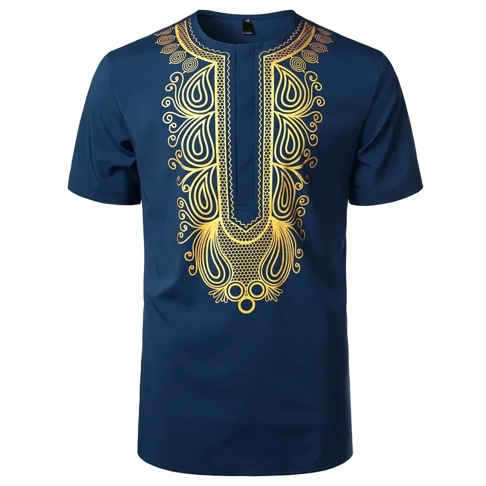 African style men\'s T-shirt, 3D gold printed shirt, casual, short sleeved, loose fitting, oversized, fashionable