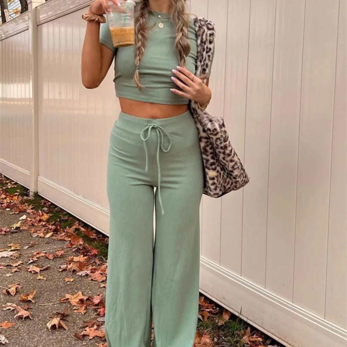 

Fashionable Slim Body Jacket + Wide-leg Pants Two-piece Sets Women Solid Color Loose Shirt Lace-up Trousers Suit For Women 2025