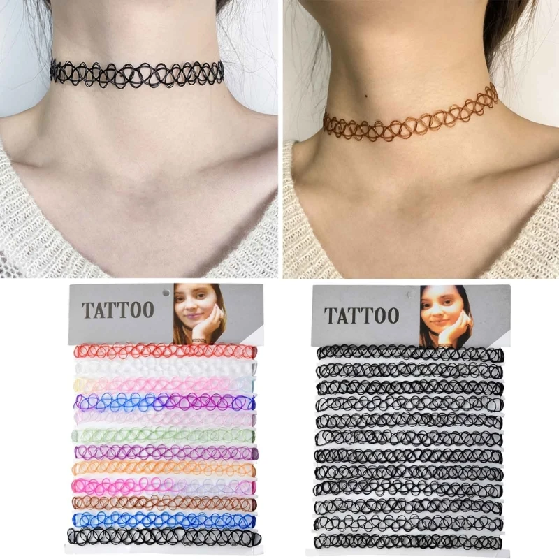 12 Pieces Vintage Hippy Stretch Tattoo Choker Necklaces Elastic Chocker Necklace X3UD