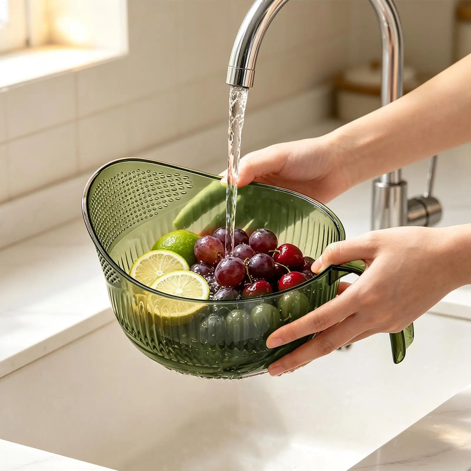 Rice Rinser with Handle Fine Mesh Clear Large Capacity Kitchen Drainer for Grain Vegetable Fruit Berry Home Apartment Restaurant