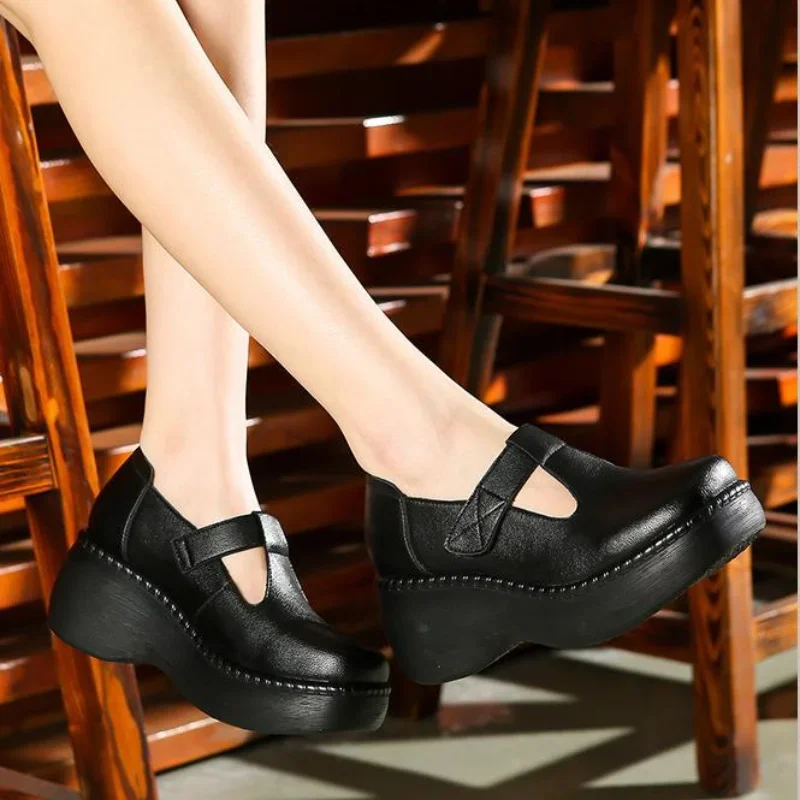 2024New Genuine Leather Flat Platform Shoes For Women Retro Thick Heel Wedges Handmade Casual Shoes Leisure Ladies Platform Shoe