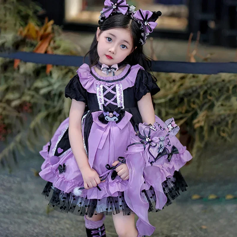 

2024 Sanrio Cosplay Kuromi Lolita Princess Dress Summer Children's Costume Dress Puffy Skirt Suit Cute Girl Birthday Kawaii Gift