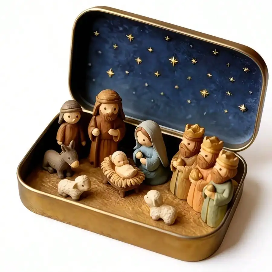 Handmade Miniature Christmas Nativity Scene Set With Tin Box - Portable Pocket-Sized Resin/Fabric Scene, Includes Mary, Jesus, Shepherds, And Animal Models, Perfect For Nativity Scenes And Christmas.