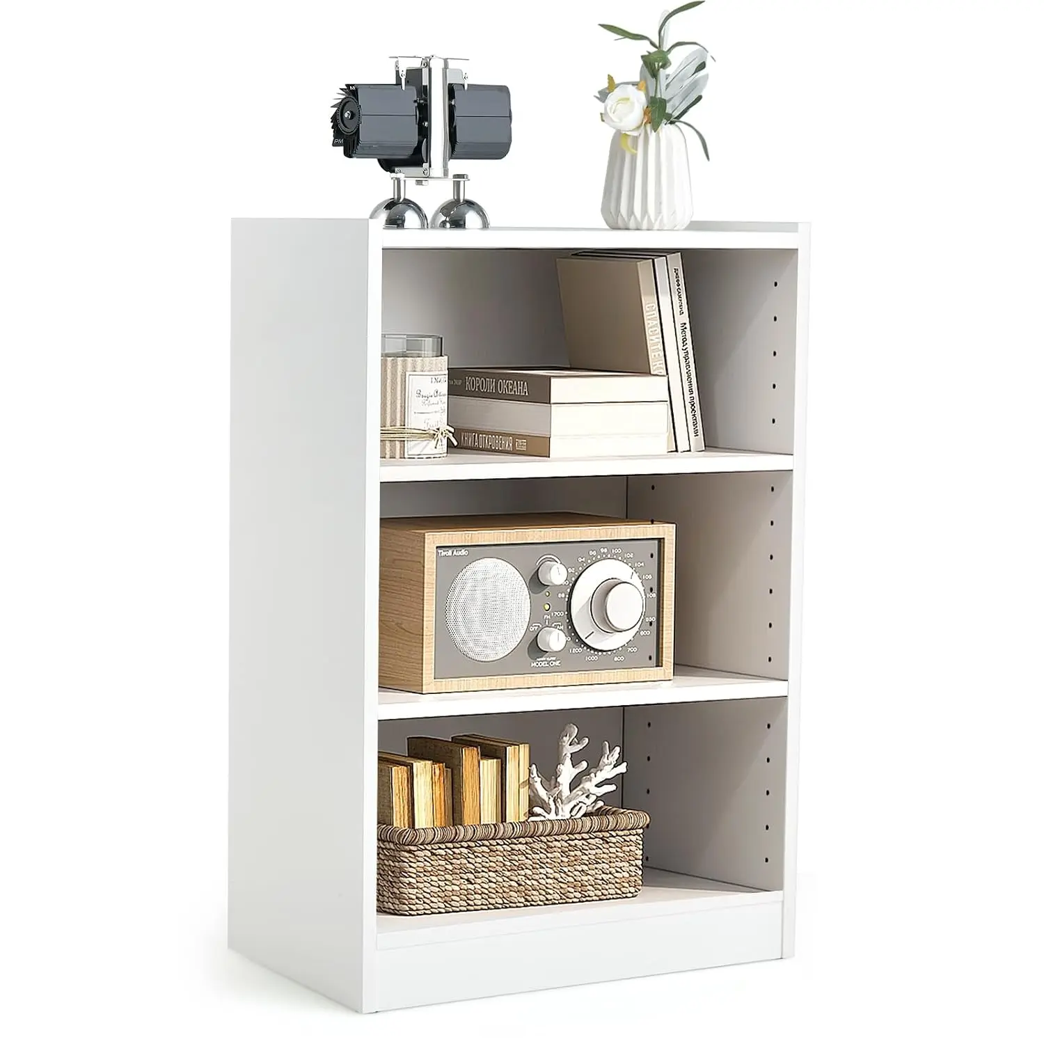 3 Tier Cube Storage Organizer, Small White Bookshelf with 18-Position Adjustable Panels, Wooden Open Cubby Display, Customized