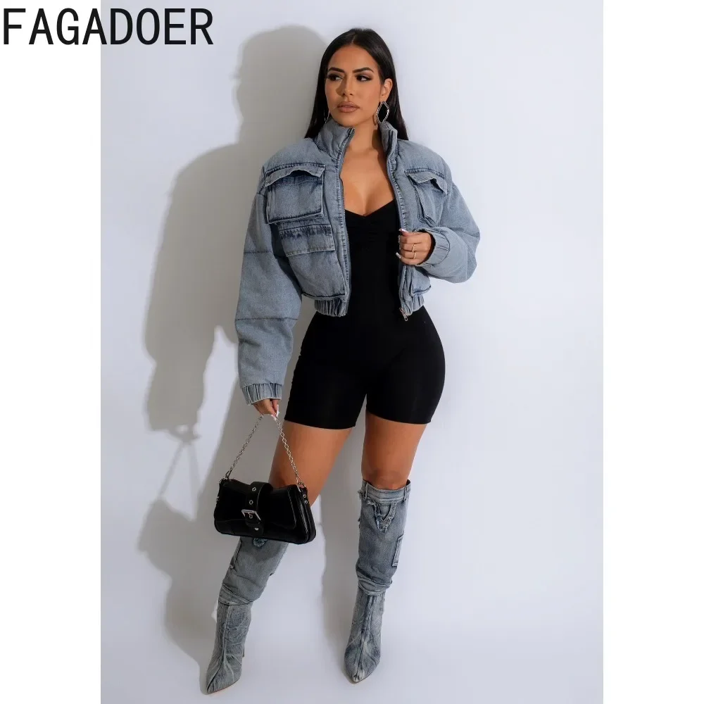 FAGADOER Fashion Street Style Women Stand Collar Zipper Denim Cotton Jacket Autumn Winter Female Pocket Slim Thick Coats Tops