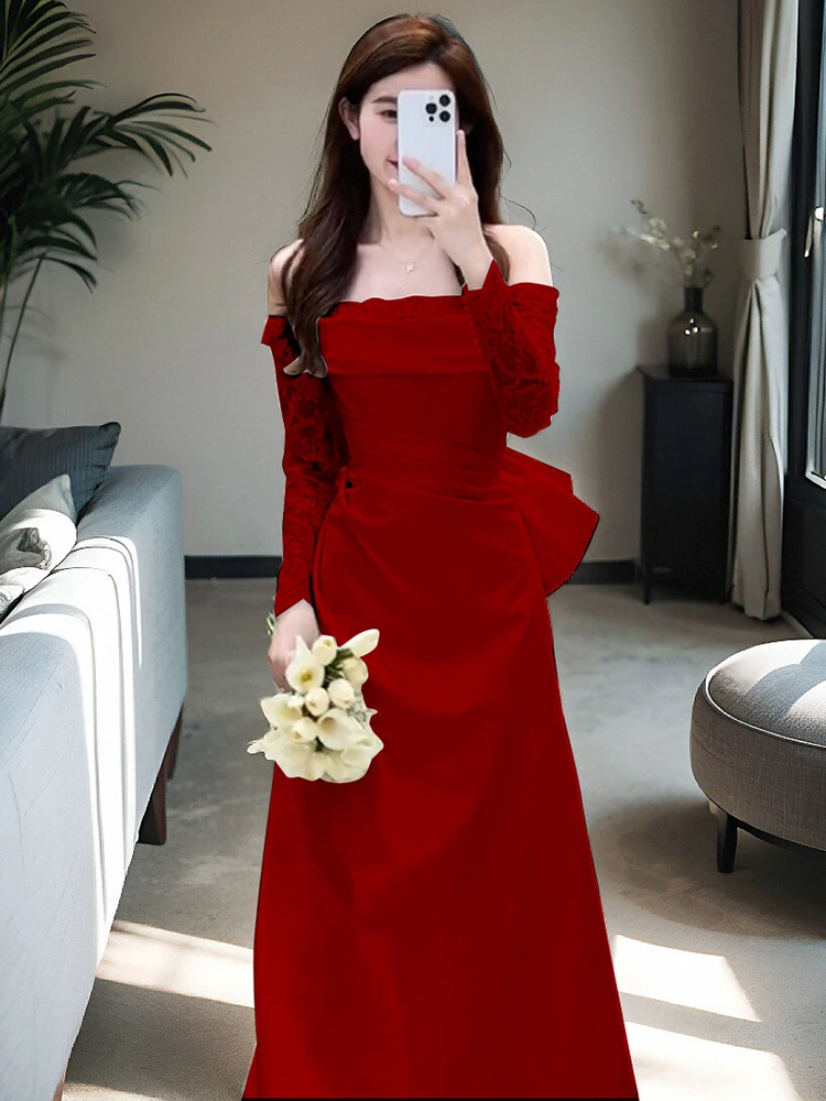 

Ele Long Sve One oulder Wedding Dr Red Wine Color Return Home Casual Long Dr for Bride New 2026 Advanced Sense