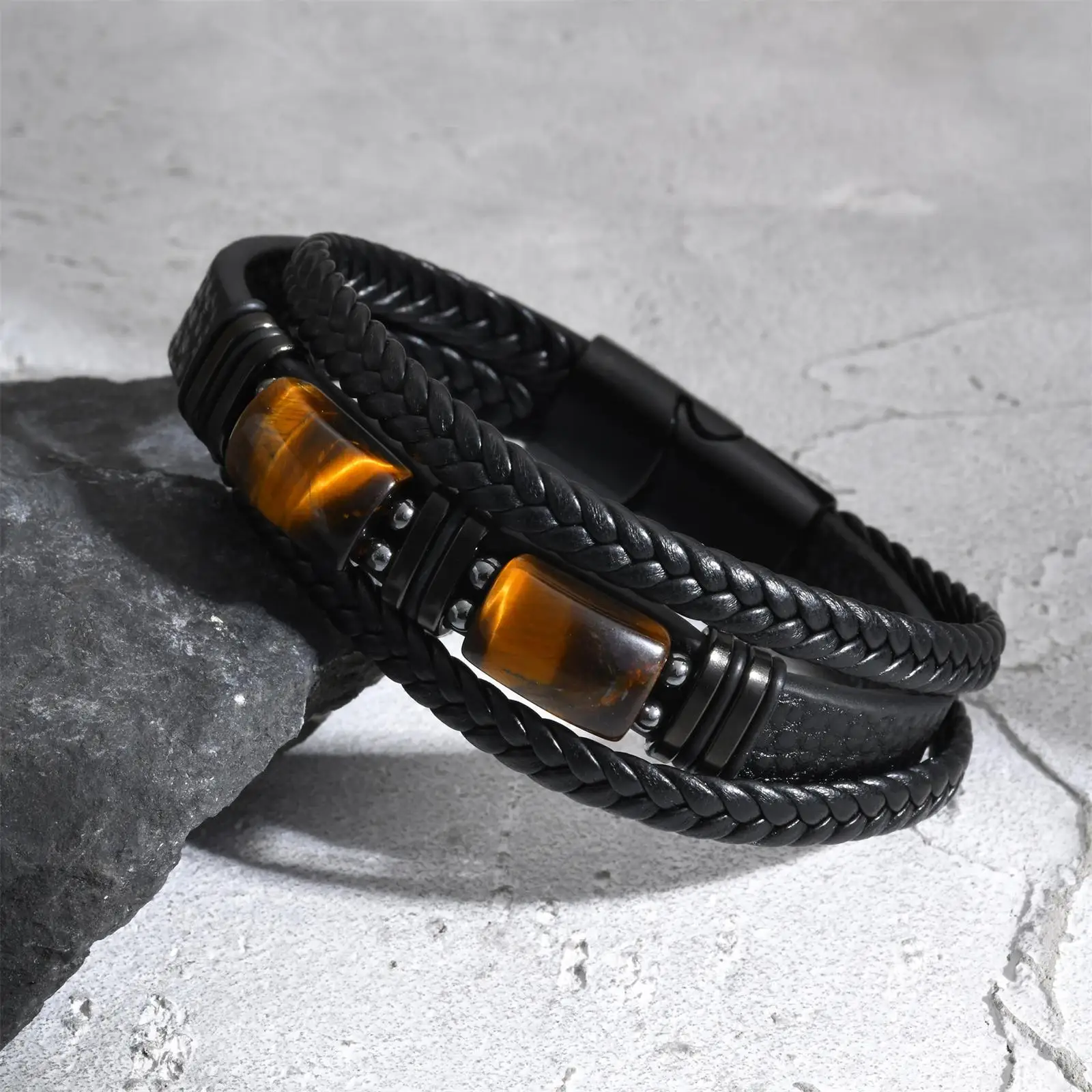 

Men Braided Leather Bangle Tiger Eye Stone black Magnetic Clasp Fashion Jewelry Trendy Minimalist Daily Wear Party Gift for Wome
