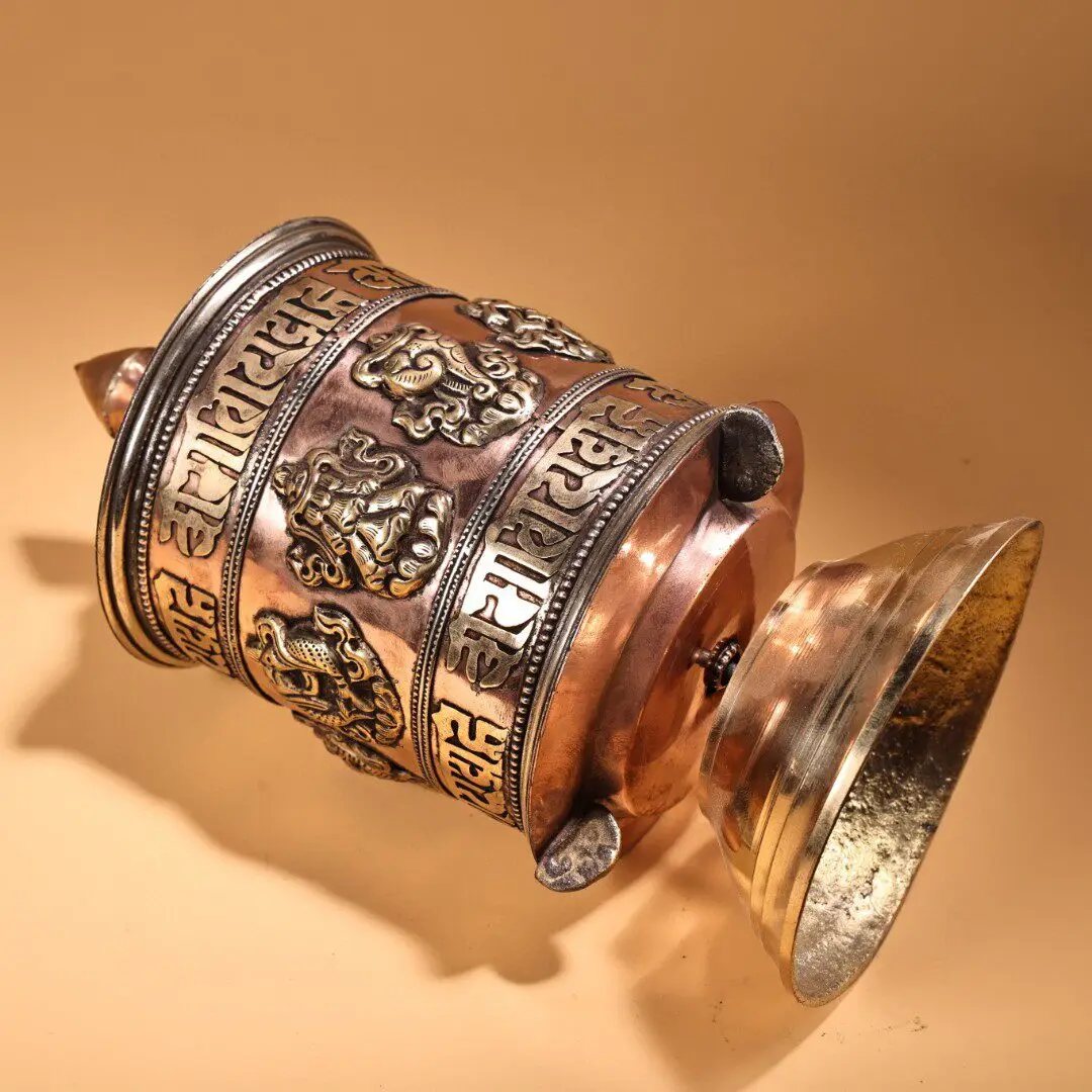 Nepal Pure Copper Engraved Eight Auspicious Symbols Prayer Wheel with Scripture Scroll Tibetan Buddhist Home Decor