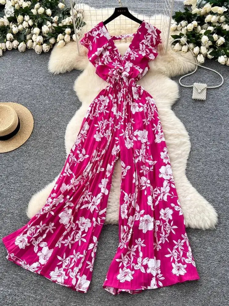 女性プリントジャンプスーツ夏フリルディープ V ネックハイウエストフレア花柄パンツ & ジャンプスーツ女性シフォンビーチロンパース