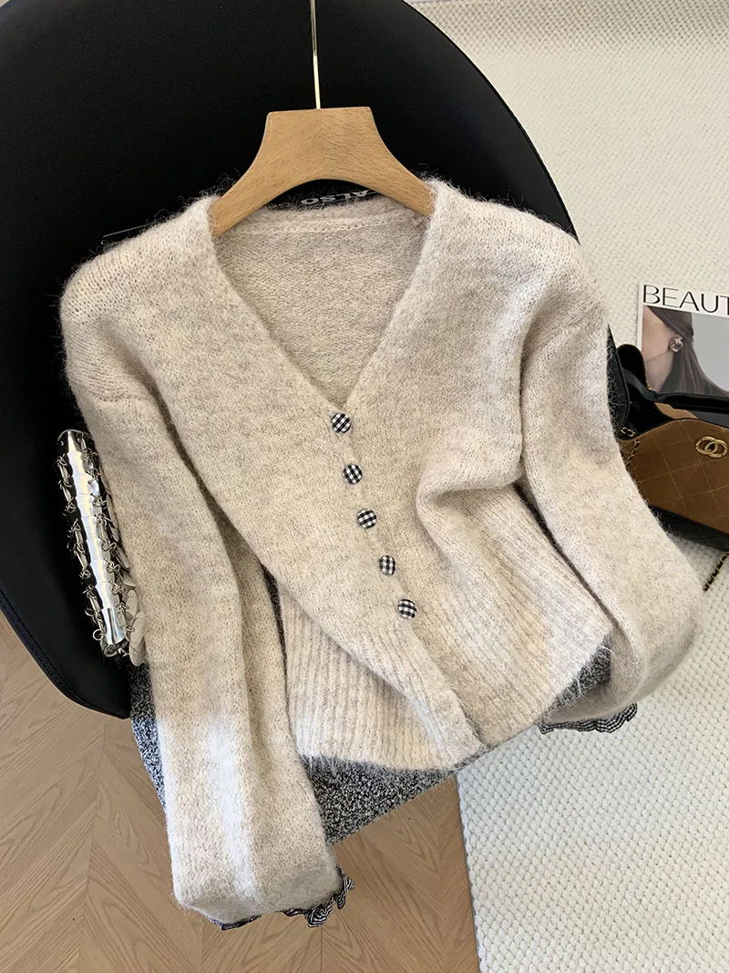 

Мягкий вязаный кардиган с открытым передом, женская блузка с длинным рукавом, цветочным кружевным узором, завышенной талией, V-образным вырезом, зимний модный шелковый топ