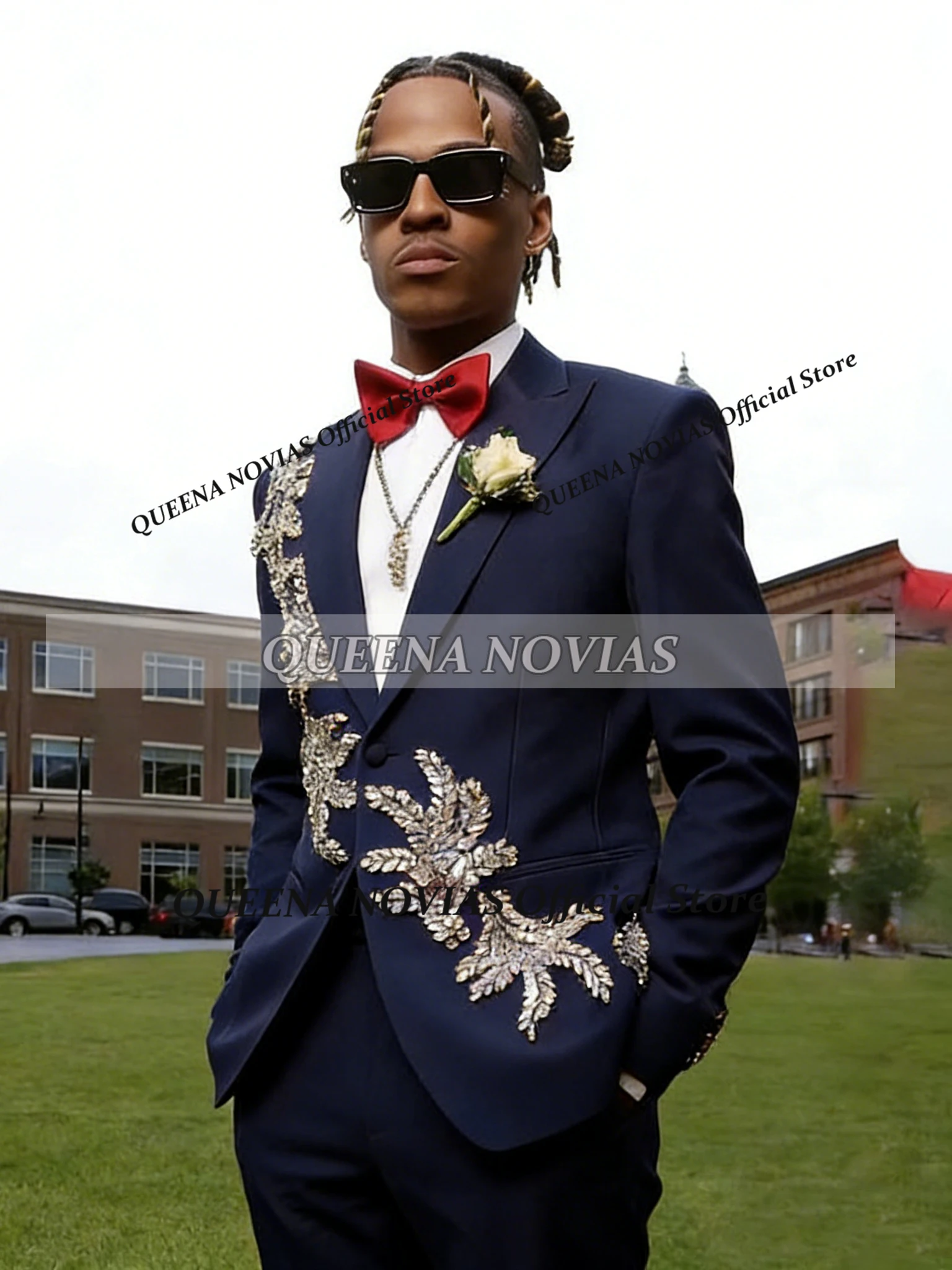 

Exclusive Jewelry Stones Suits Men Slim Fit Single Breated Jacket Pants 2 Piece Set Groom Wedding Tuxedos Customized Man Outfits