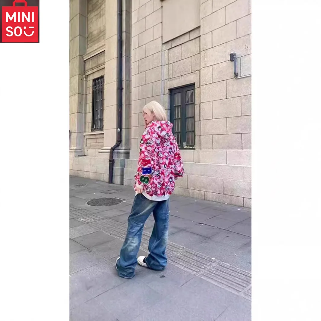 

MINISO свитер с капюшоном и камуфляжным кошачьим принтом, большой размер, универсальная верхняя одежда