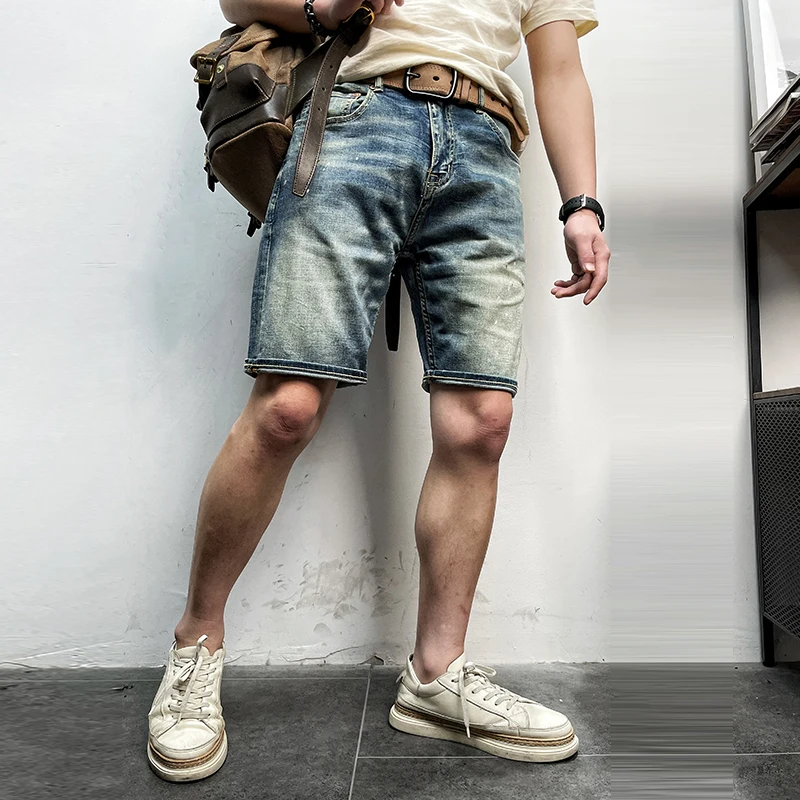 

Retro American Waed Men's orts Youthful Paint Dot Denim Hot Pants Cotton Workwear Summer Loose Straight Cut Jeans orts