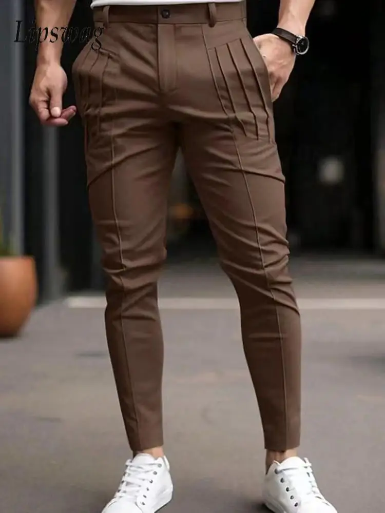 

Spring Fall Men's Casual Pants Sports Training Stretch Slim Fit Pencil Pants Men Fashion Pleated Design Solid Color Trousers