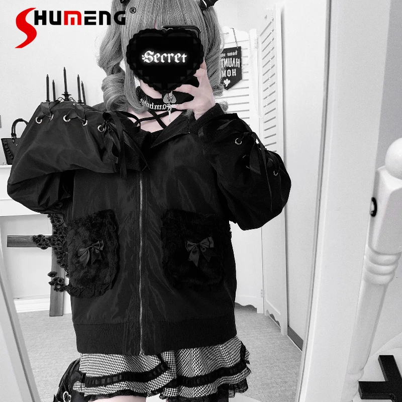 Japanese Original Mass Production Mine Series Lace Rabbit Ear Hoodies Autumn 2025 Rojita Long Sleeves Zipper Hooded Sweatshirts