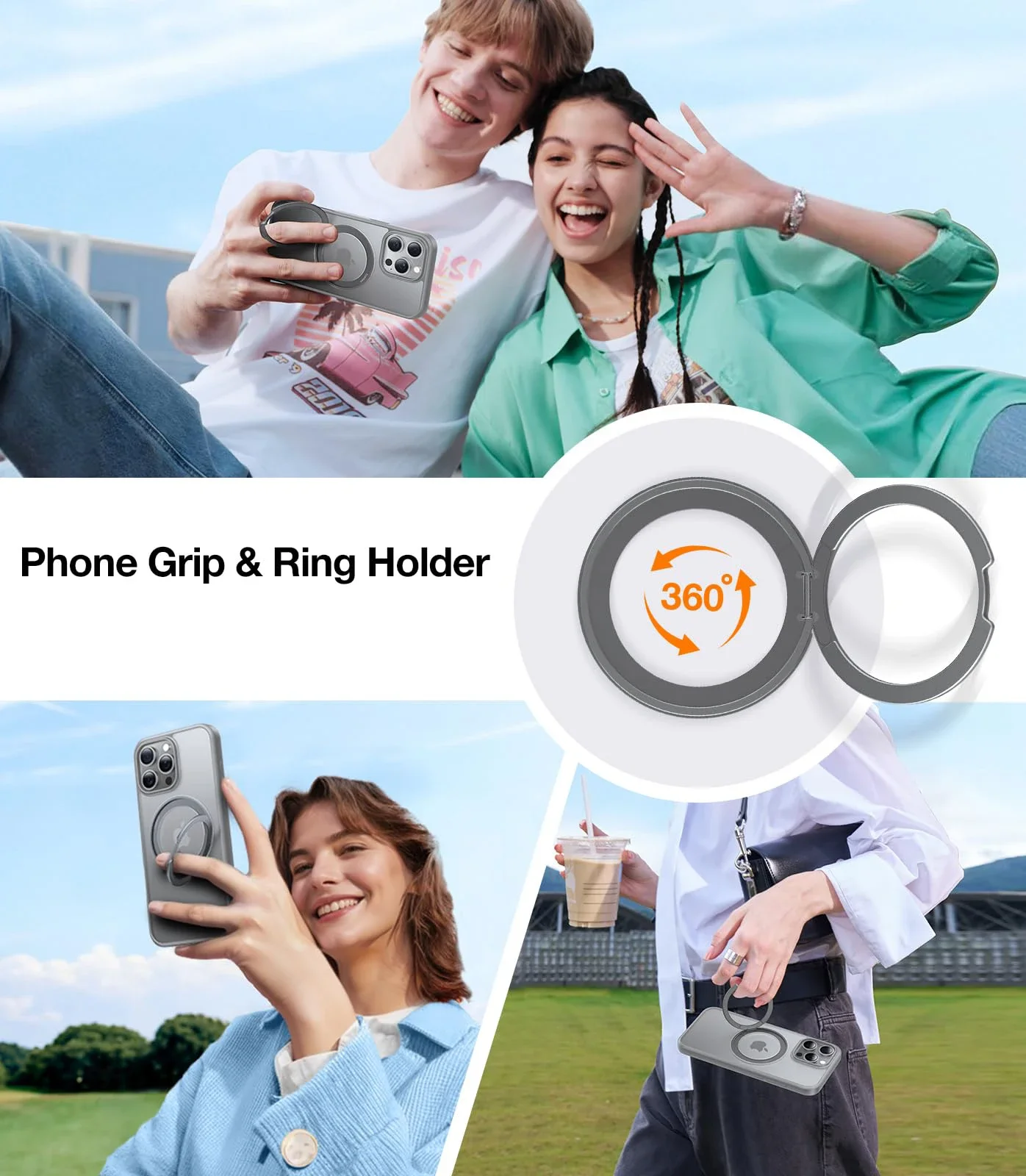 TORRAS Q1S Translucent Phone Case for iPhone 16 15 Pro Max 360° Rotating Magnetic Ring, Compatible with MagSafe with Ring Stand