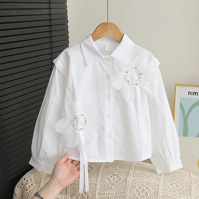 White Shirt Children's Spring Autumn Long Sleeves Elastic Cuffs Kids Collar Shirt Ruffles Pearl-detail Teenager Layering Girl