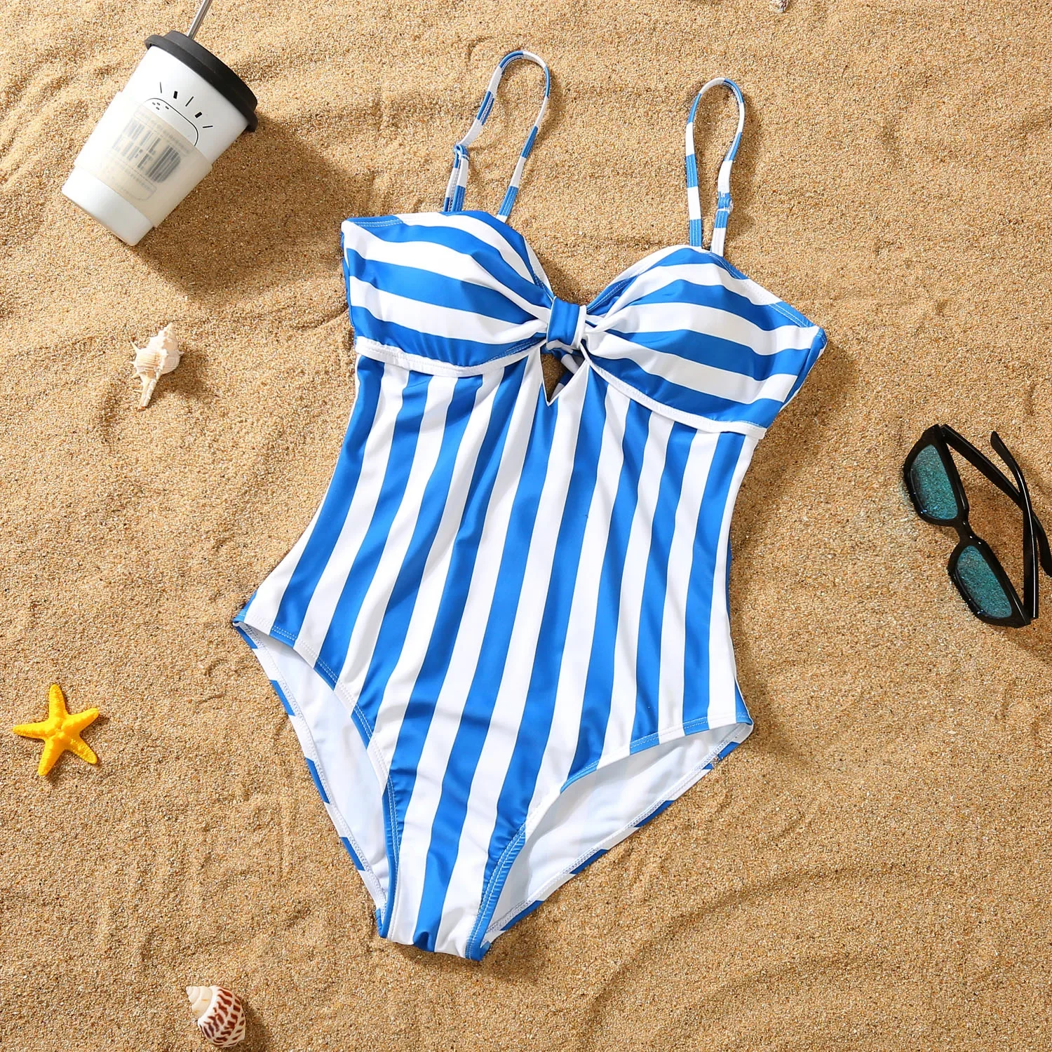 Woman Girl Man Boy Swimwear Family Matching Swimsuit Striped Print One-Piece Suit Swim Shorts Beachwear Holiday Look  Q..O