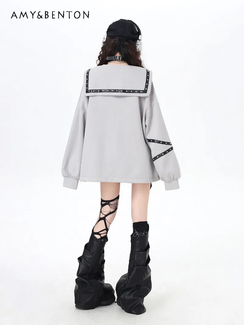 오리지널 네이비 칼라 서브컬쳐 다크 고딕 프린트 리벳 긴팔 지퍼 후드티 여성 일본 대학 스타일 루즈 후드티